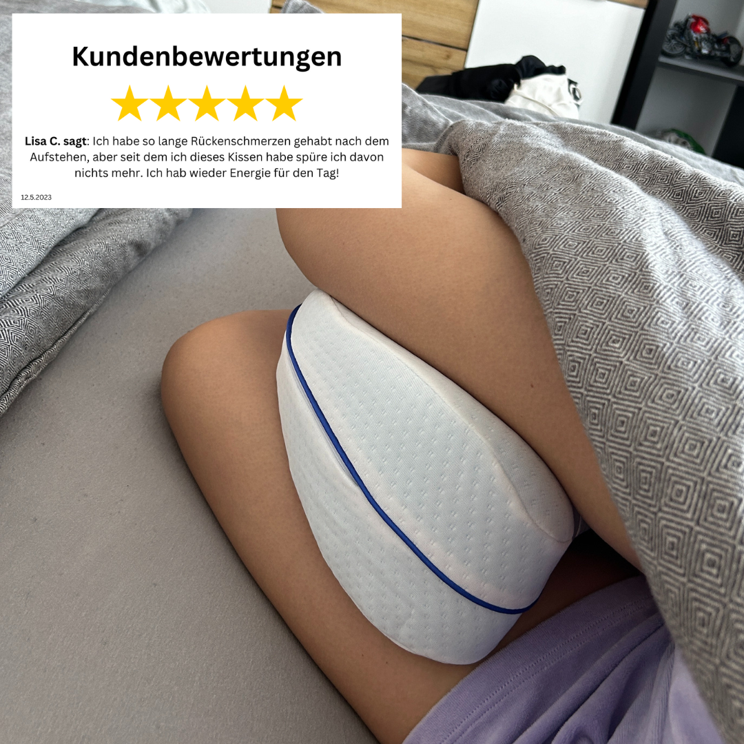 Kundenbewertung: Lisa C. über das ComfortLeg-Kniekissen, 5-Sterne-Erfahrung bei Rückenschmerzen und Schlafqualität.