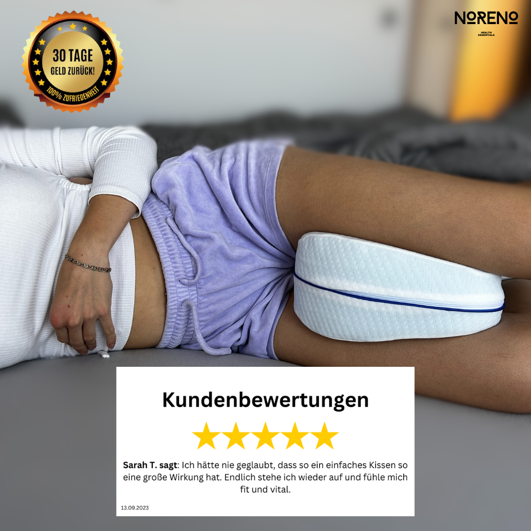 Kundenbewertung: Sarah T. teilt ihre 5-Sterne-Erfahrung mit dem ComfortLeg-Kniekissen zur Schmerzlinderung im Schlaf.