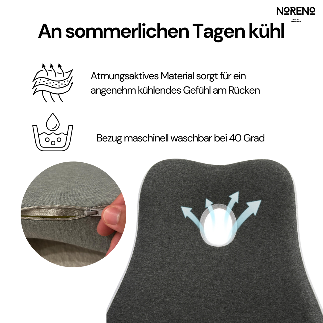 ErgoSupport Rückenkissen mit waschbarem Bezug und atmungsaktivem Material für kühlenden Komfort.