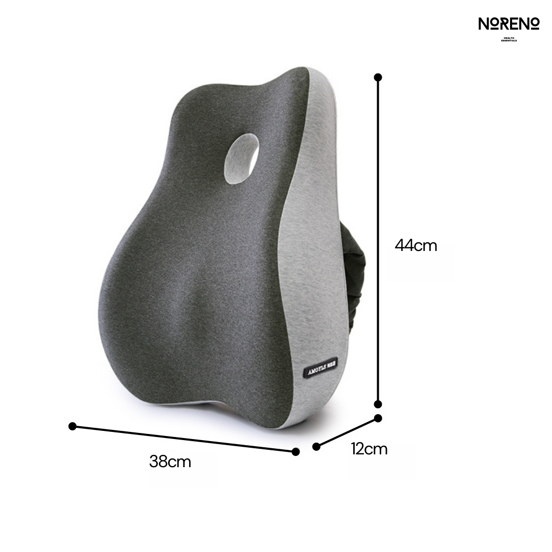 ErgoSupport Rückenkissen Maße: 44 cm Höhe, 38 cm Breite, 12 cm Tiefe – ergonomisches Design für optimale Rückenunterstützung.