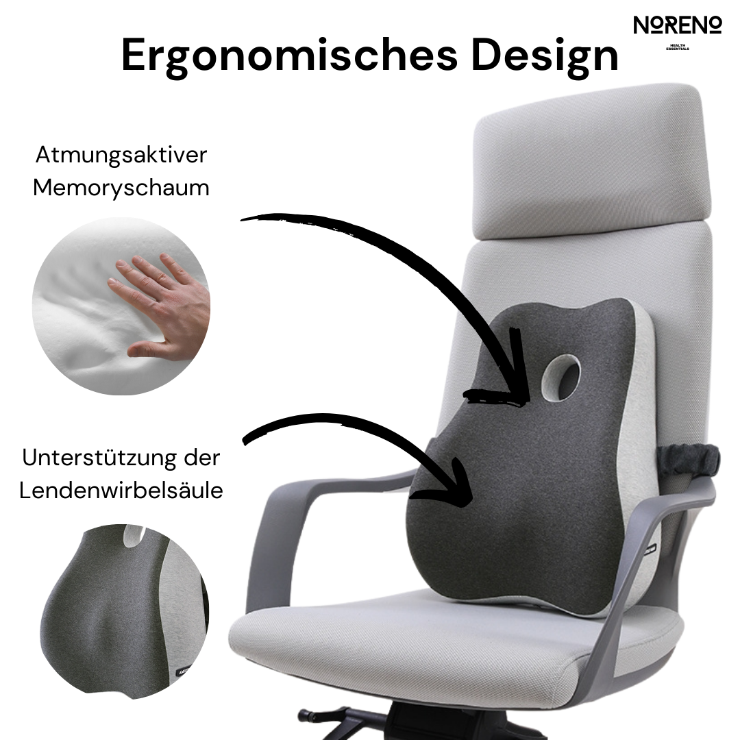 Ergonomisches Design des ErgoSupport Rückenkissens für gesunde Sitzhaltung und Unterstützung der Wirbelsäule.