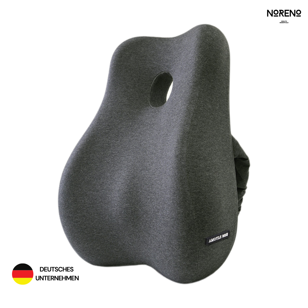 ErgoSupport Rückenkissen in dunkelgrauer Farbe, ergonomisches Design zur Unterstützung der Wirbelsäule und Magnettherapie zur Schmerzlinderung, Made in Germany.