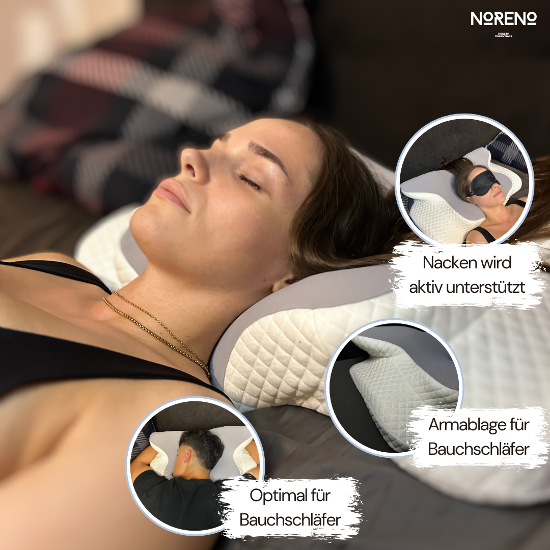 Traumschläferkissen mit aktiver Nackenunterstützung und optimaler Armablage für Bauchschläfer – maximaler Komfort für alle Schlafpositionen.